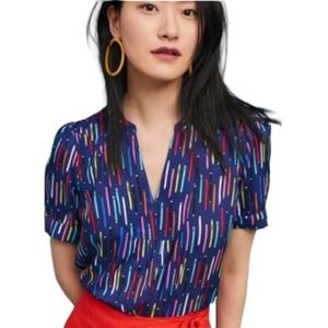 Anthropologie 2 of 52 Conversations Teacher Pencil Blue Short Sleeve Top Size 14